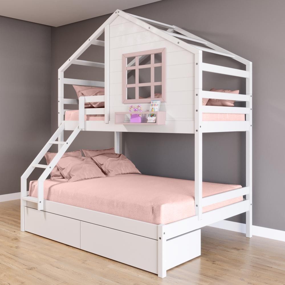 Beliche Casinha Janela Casal Solteiro 2 Gavetas Branco Rosa