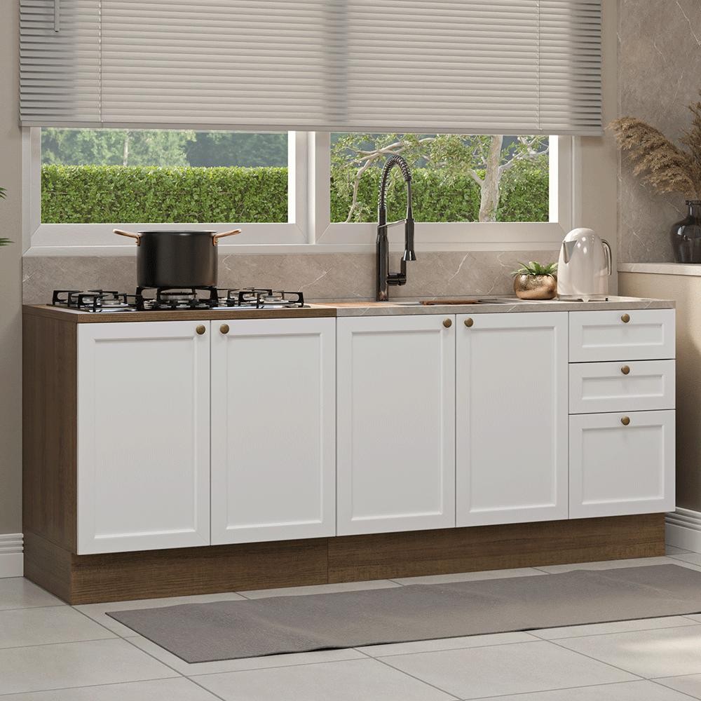 Kit com 2 Balcões de Cozinha 3 Gavetas 4 Portas (Sem Tampo e Pia) Rustic/Branco Vik Madesa 01 em Oferta na Shopee