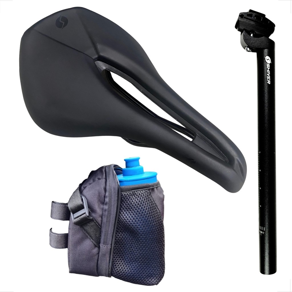 Selim Banco Bike Mtb Speed Shiver Prime Racer Vazado 156mm + Canote + Bolsa Selim suporte garrafa