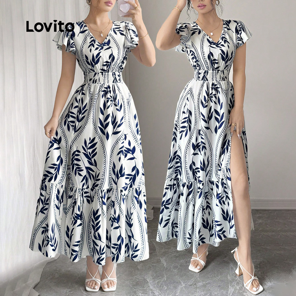 (Trendy) Lovito Vestido Boho com Estampa de Flores Abertura Frontal Macio e Confortável Primavera/Verão L145ED029 em Oferta na Shopee