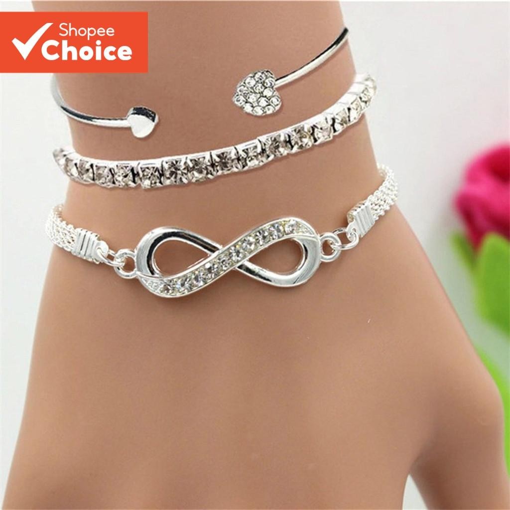 Conjunto De Pulseiras Da Moda De 3 Peças-Corrente De Cobra De Diamante Brilhante E Infinit...
