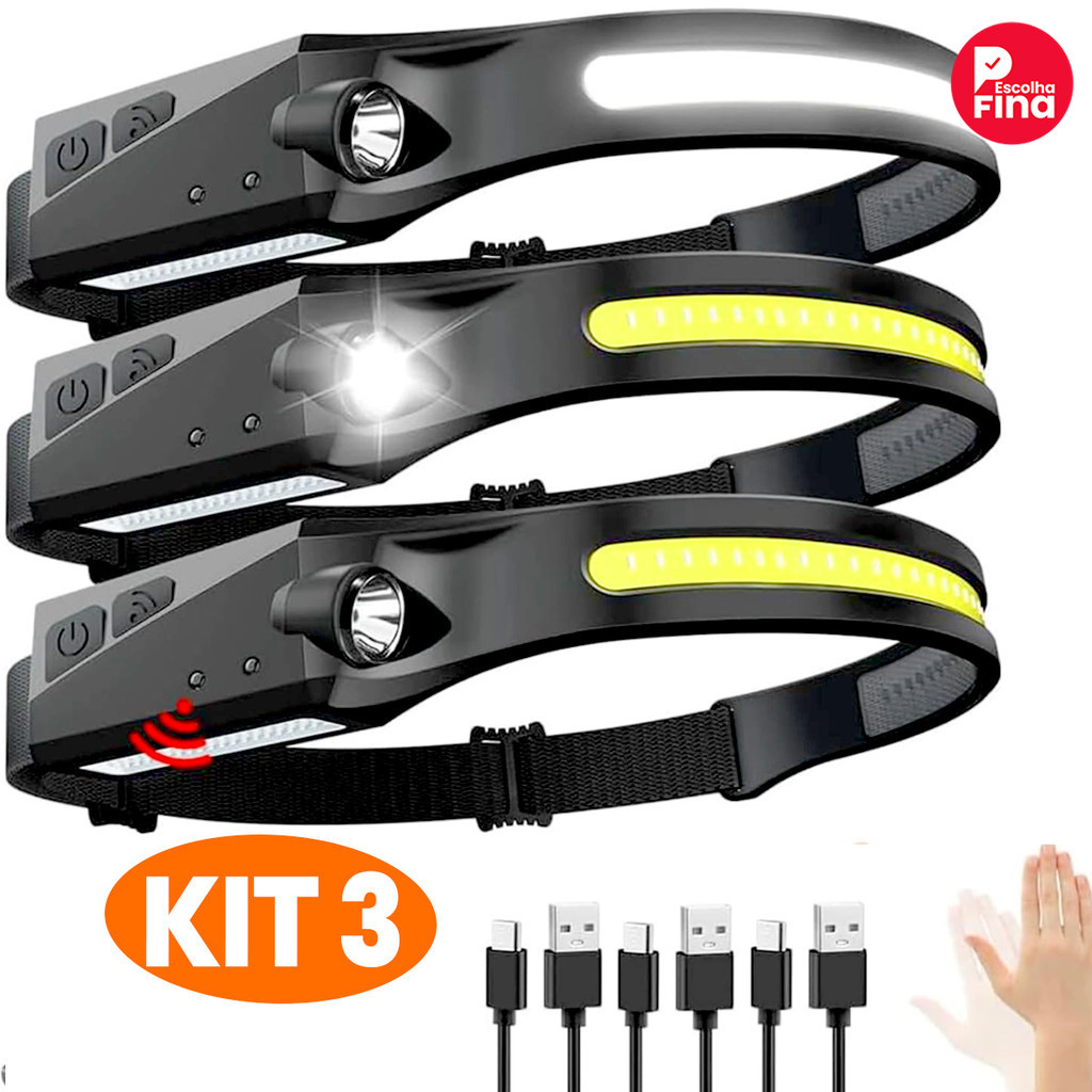 Imagem KIT 3 Lanterna de Cabeça Recarregável com 3 LEDs, Corpo Motion, Ideal para Camping, Luz de Tocha com Carregamento USB
