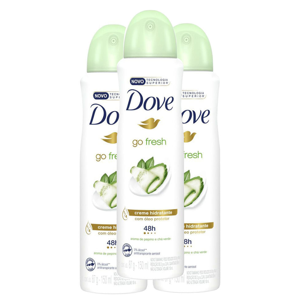 Kit 3X Desodorante Antitranspirante Aerosol Dove Go Fresh Pepino e Chá Ve - Beauty