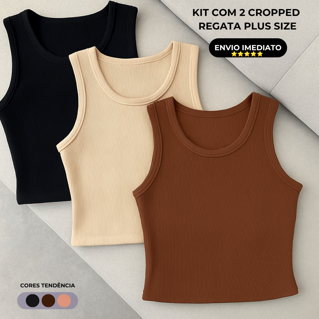 Kit 2 Blusa Feminina Plus Size Cropped Regata Ribana Estilosa