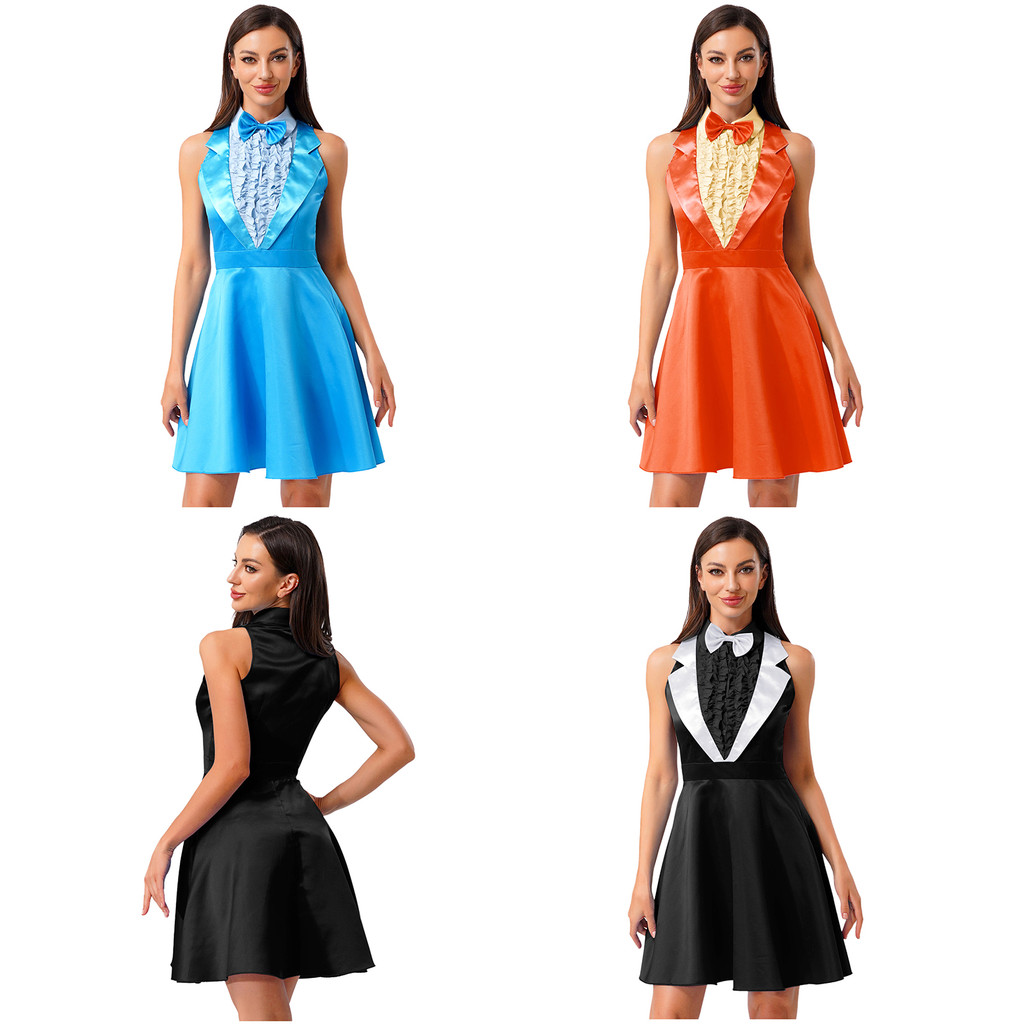 Yeahdor Feminino Halloween 70s 80s Dumber Cosplay Vestido E Gravata Borboleta Lapela Sem Mangas Babados Peito Evasê Para