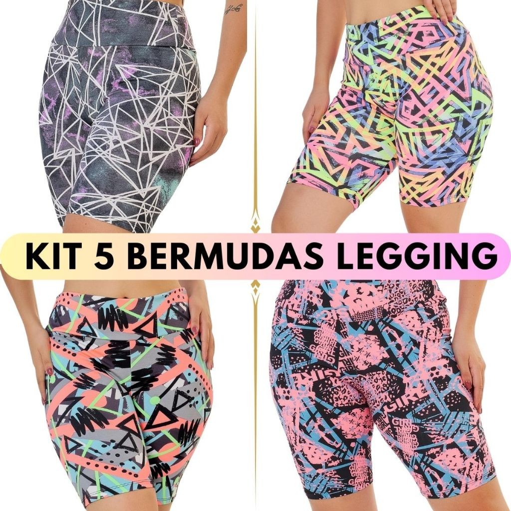 Kit 5 Bermuda Legging Feminina Estampada Suplex Fitness Cintura Alta Shorts Legging Feminino Ciclista