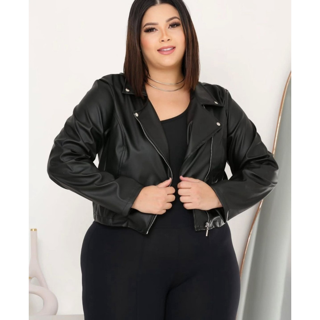 Jaqueta Couro Ziper Plus Size Curta Cropped Jaco Couro Plu