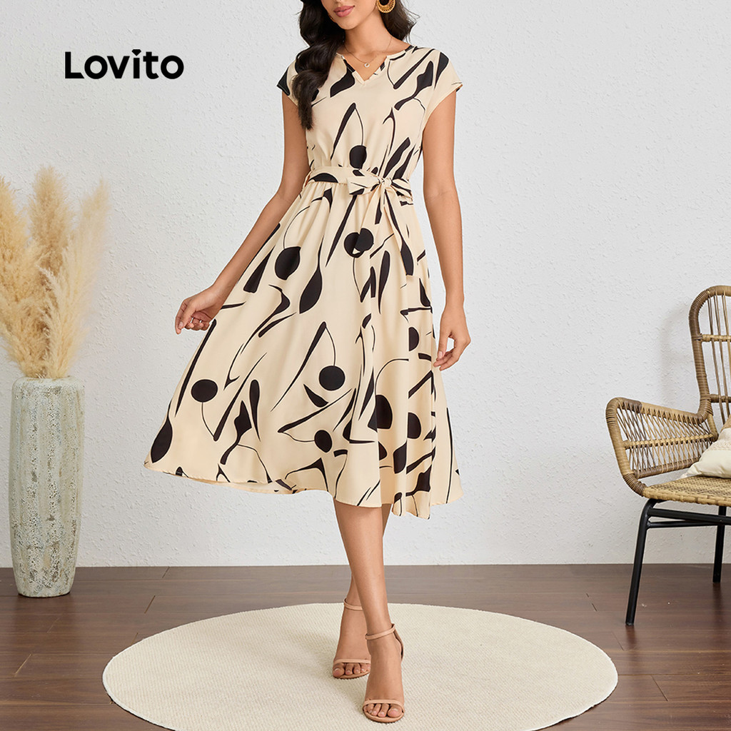 Lovito Vestido Casual Geométrico Verão/Primavera Com Cinto E Cadarço Para Mulheres LBL23531 em Oferta na Shopee