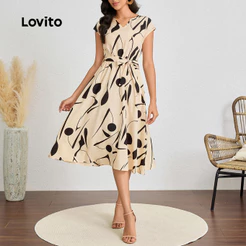 Vestido Feminino Lovito Nacional Casual Geométrico Elegante Verão/Primavera Com Cinto E Cadarço Bordado LBL23531