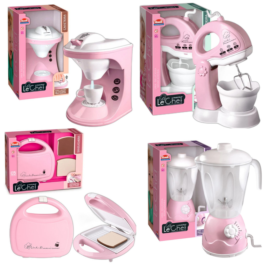Brinquedo Coleção Le Chef Liquidificador Batedeira Cafeteira e Sanduicheira Rosa