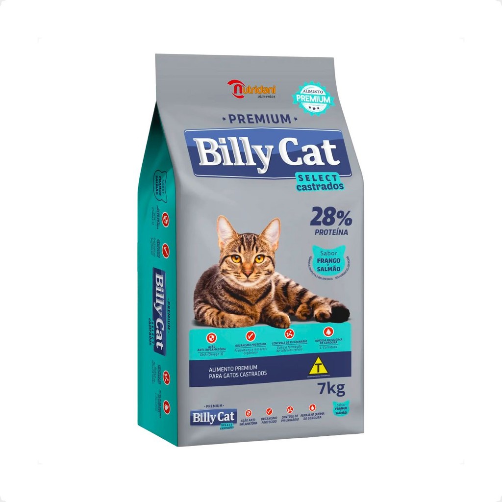 Ração Billy Cat Select Gatos Castrados Frango e Salmão - 7Kg