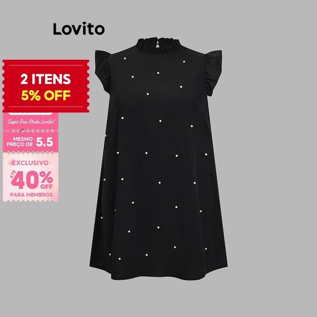 (Trendy) Lovito Vestido Curvo Plus Size Elegante Vestido Com Babados De Pérolas Lisas Para Mulheres LBL17706 - Women Clothes
