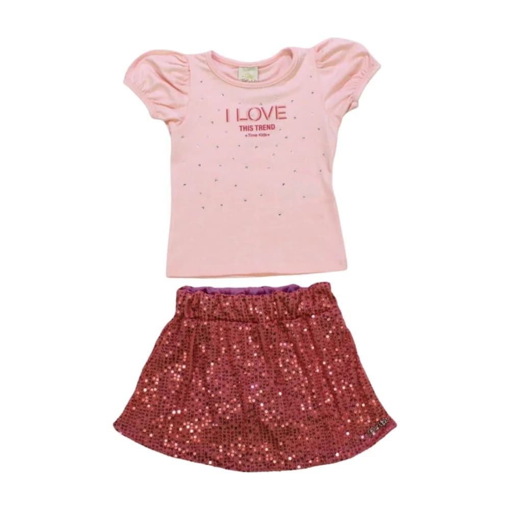 Conjunto Infantil Blusa Estampa Love e Saia com Paetê 8804 - Time Kids