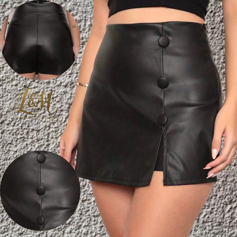 SHORT SAIA COURINO COM BOTÃO FORRADO CINTURA ALTA SAIA COURO
