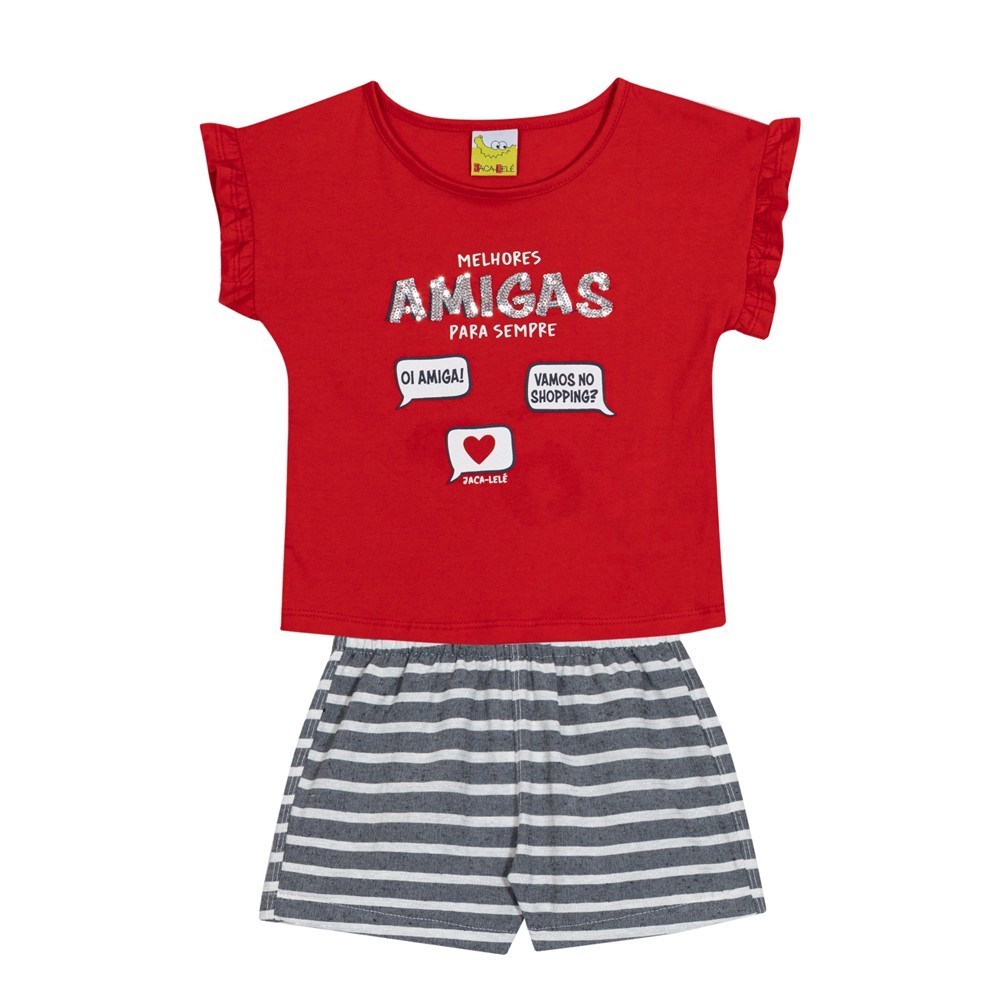 Conjunto Infantil Menina Jaca Lele  Verão Blusa Vermelha com Babado Shorts Listrado Tecido Plano