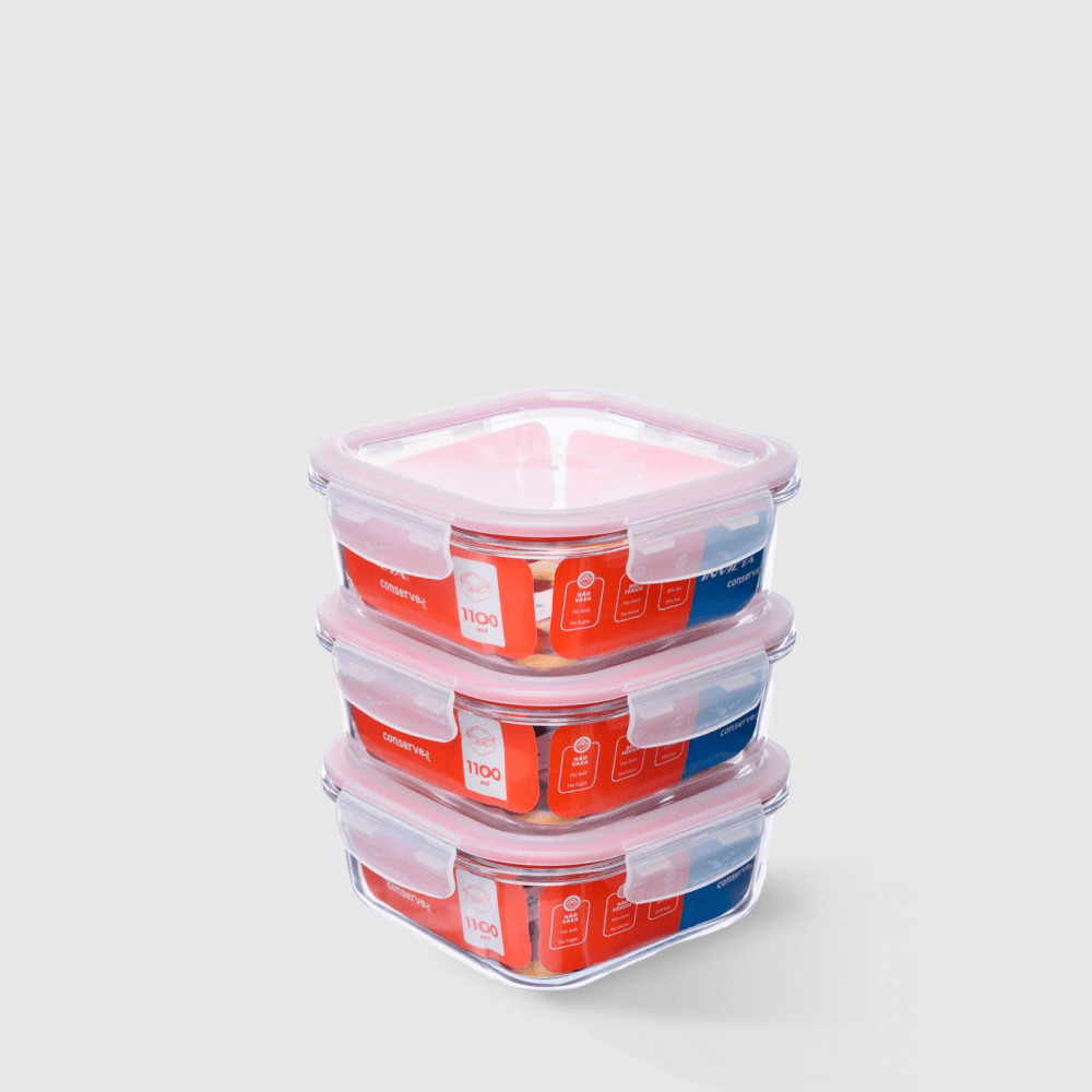 Kit com 3 Potes de Vidro Herméticos Quadrados 1,1L Invicta - Home & Living