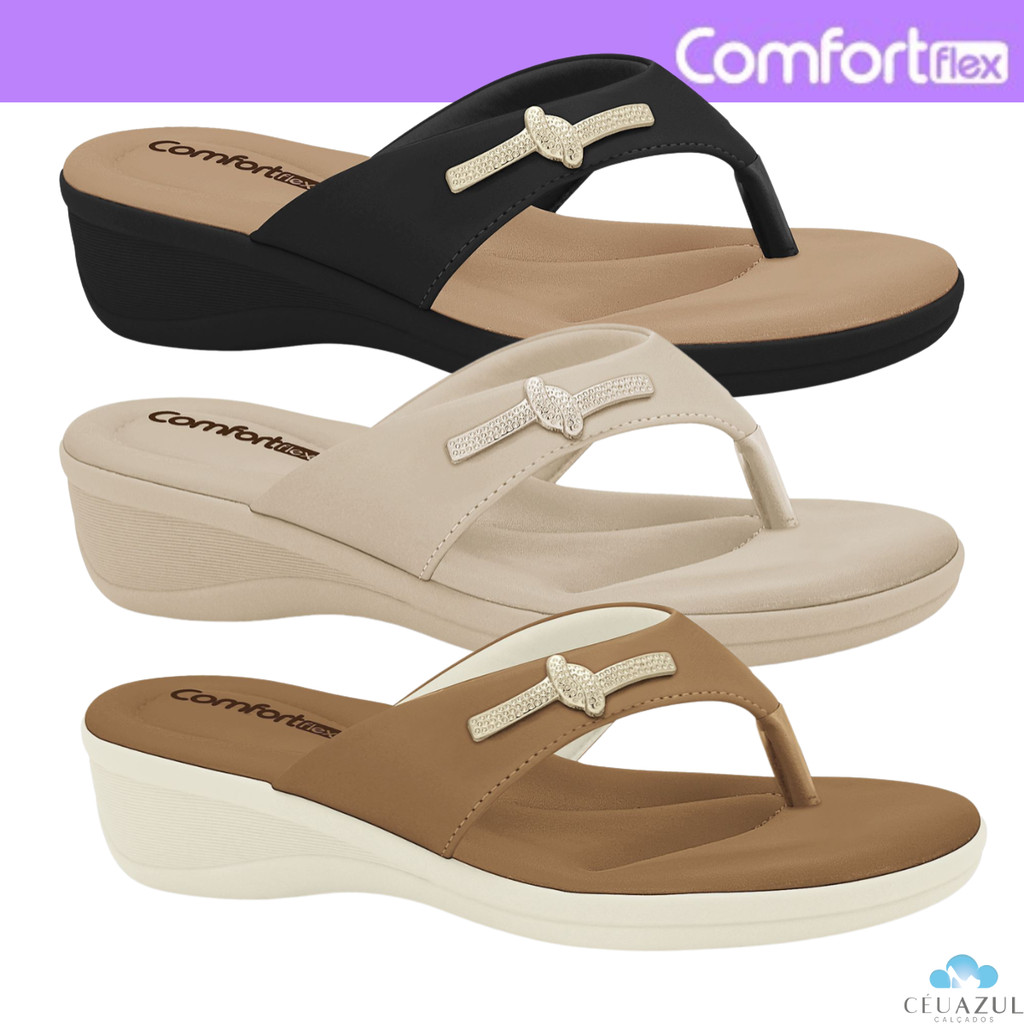 Chinelo Tamanco Feminino Comfortflex Detalhe Dourado Conforto Estável Leve Palmilha em Oferta na Shopee