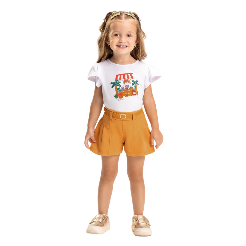 04598 CONJUNTO INFANTIL FEMININO BLUSA EM MALHA + SHORT EM MOLETINHO COM CINTO