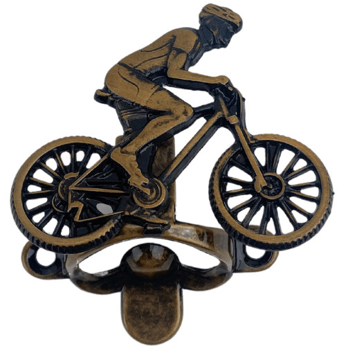 Abridor de Garrafas Ciclista Sentado em Metal Ouro Velho Escovado 7x6cm Acessório Decoração Artesanato Ferragem