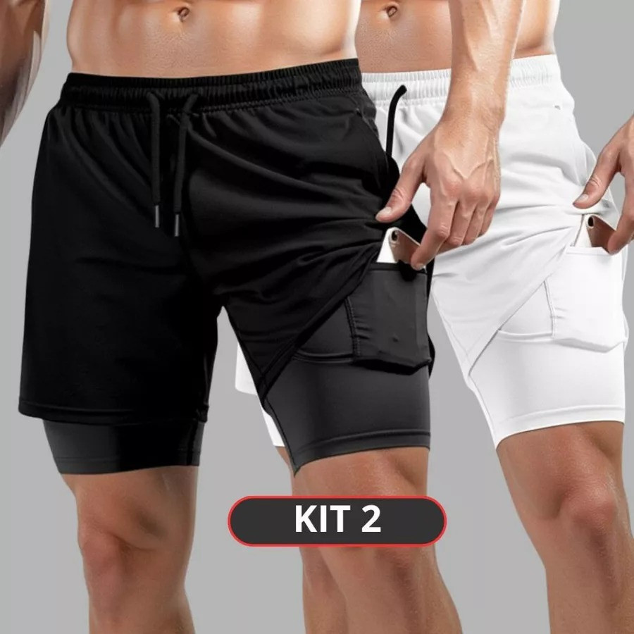 Kit 2 Bermudas Masculinas 2 em 1 Academia com Bolso Interno – Shorts Forrados Fitness Compressão