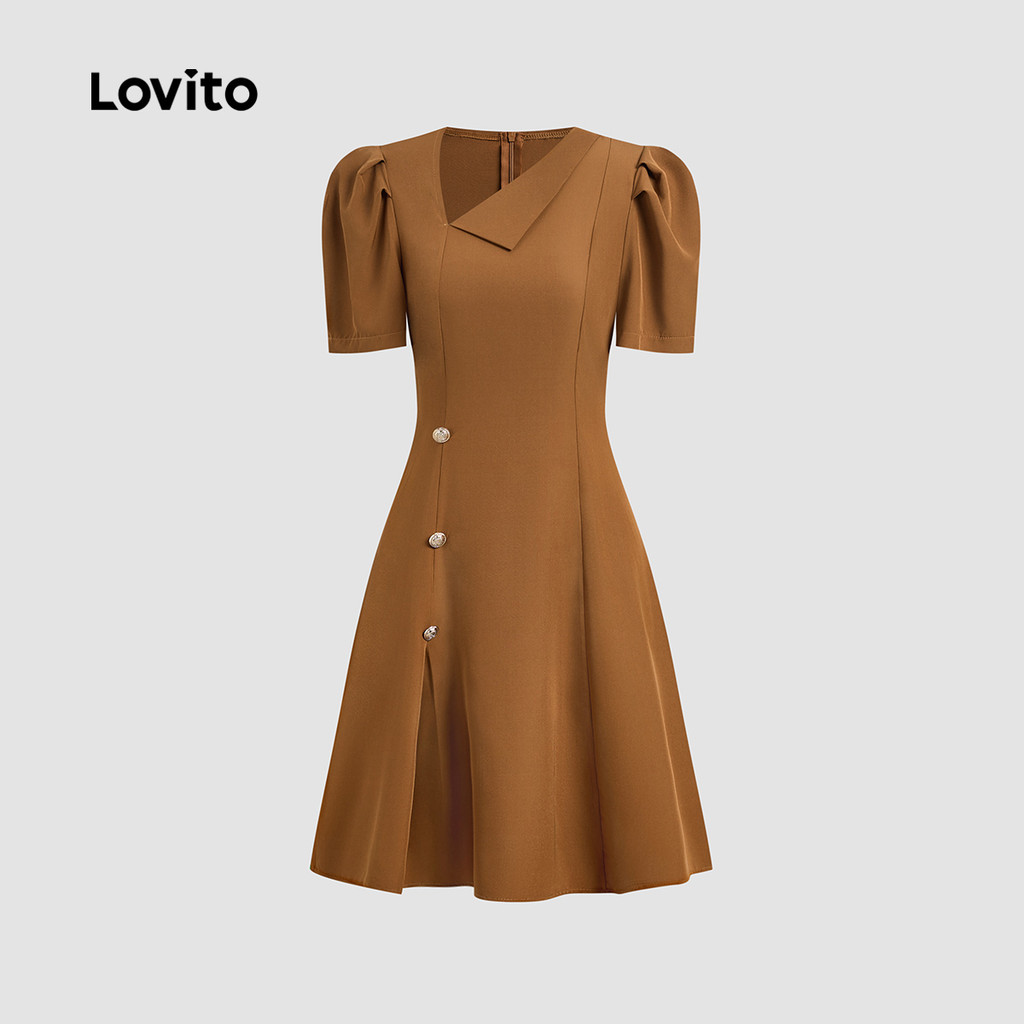 Detalhes do Lovito Vestido Elegante Assimétrico com Botões - Vestido de Primavera/verão Marrom para mulheres L142LD478