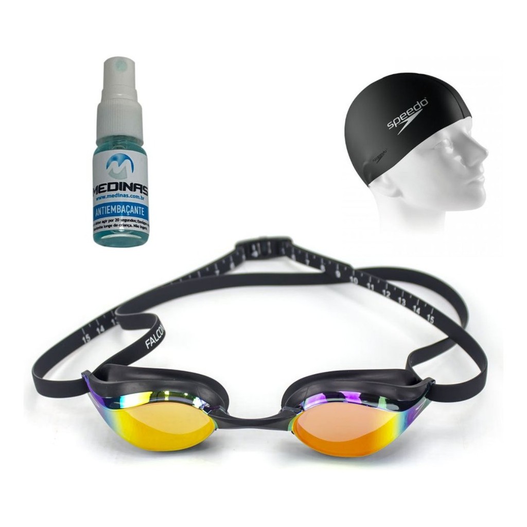 Kit Óculos de Natação Speedo Falcon Preto + Touca de Silicone Speedo + Brinde
