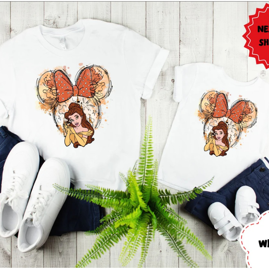 2025 Camiseta Unisex, Design Bela da Bela e a Fera & Laço Minnie, Moda Disney