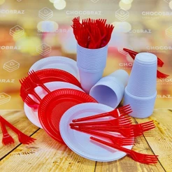 Kit Festa 50 PESSOAS DESCARTAVEIS GARFO + PRATO + COPO (BRANCO E VERMELHO) (CHOCO)