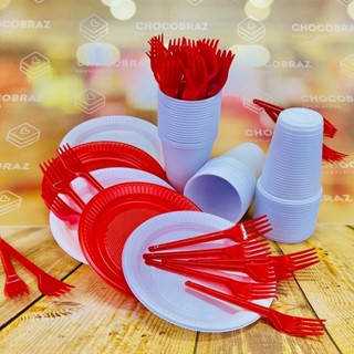 Kit Festa 50 PESSOAS DESCARTAVEIS GARFO + PRATO + COPO (BRANCO E VERMELHO) em Oferta na Shopee