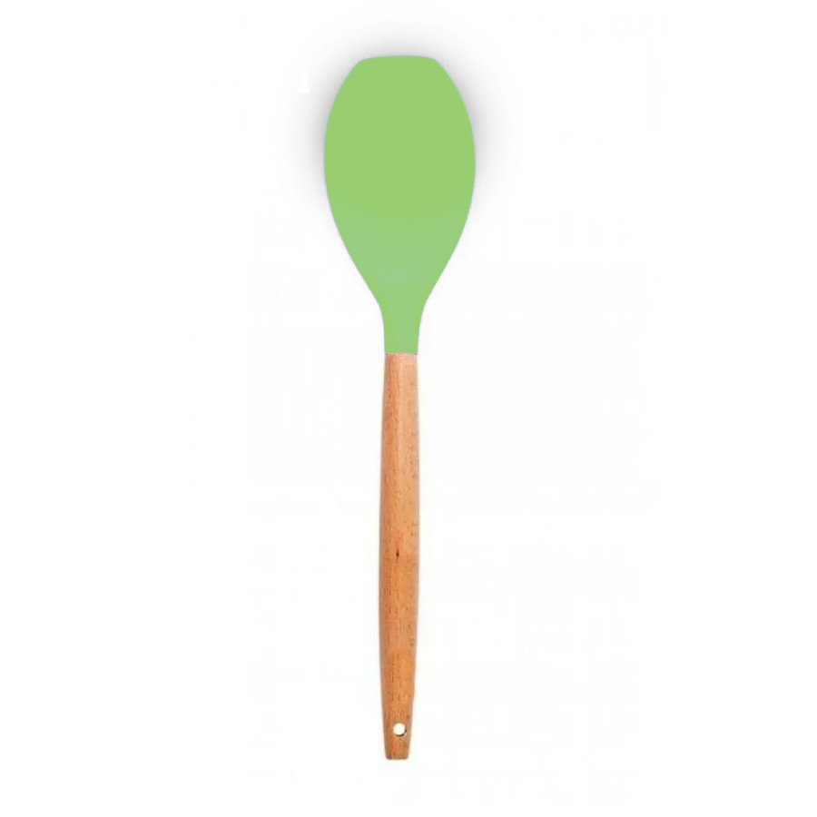 Colher de Silicone para Servir com Cabo em Madeira 32 cm - Verde - 1 unidade - Wellmix