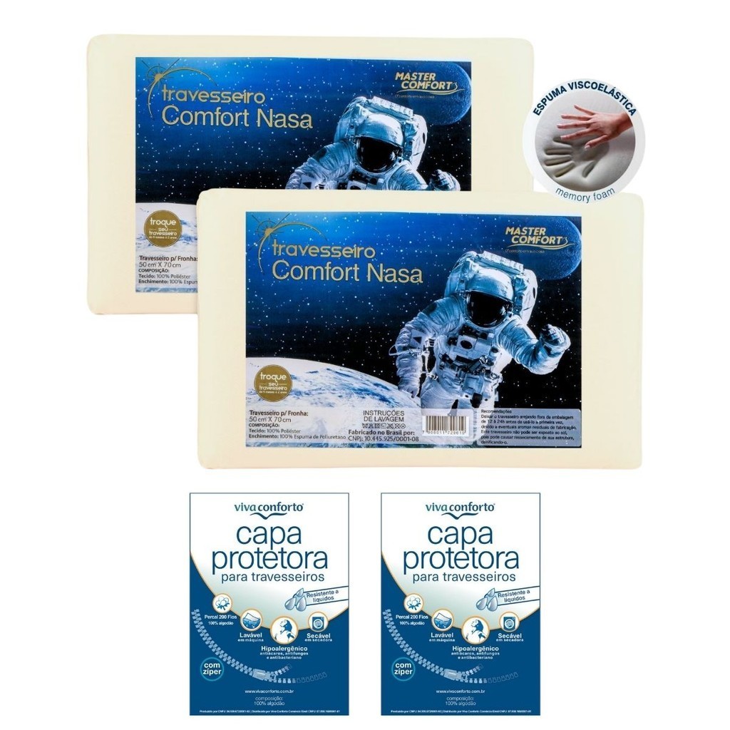 Kit 2 Travesseiros Nasa Original Master Antiácaro + 2 Capas Protetoras Impermeável Percal 200 fios