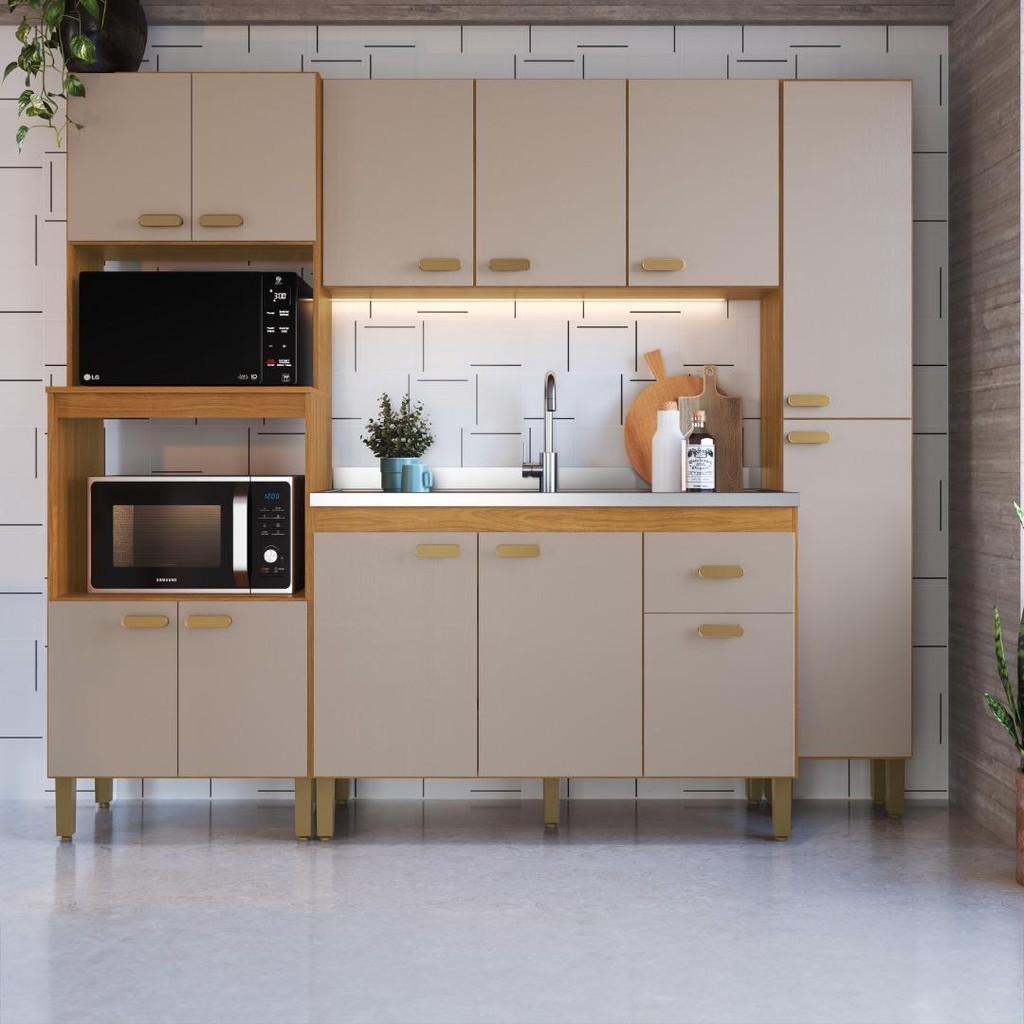 Cozinha Modulada Compacta Fidelitá Mariana 4 Peças 220cm 12 Portas 1 Gaveta Sem Tampo Freijó/Camurça em Oferta na Shopee