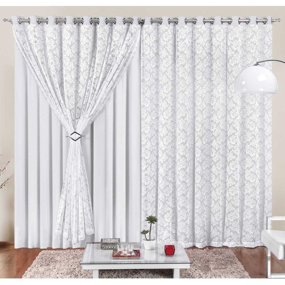 Cortina Yasmin 2 Metros Branca Tecido Malha Com Renda Floral Sala Ou Quarto - Home & Living
