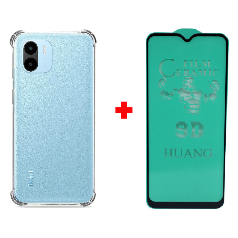 Kit Capa Capinha Case Anti Impacto Shock Para Xiaomi Redmi A1+ Plus 2023 Air Bag Proteção Total Anti Queda Silicone Transparente Clear Bordas Grossa + Pelicula de Cerâmica