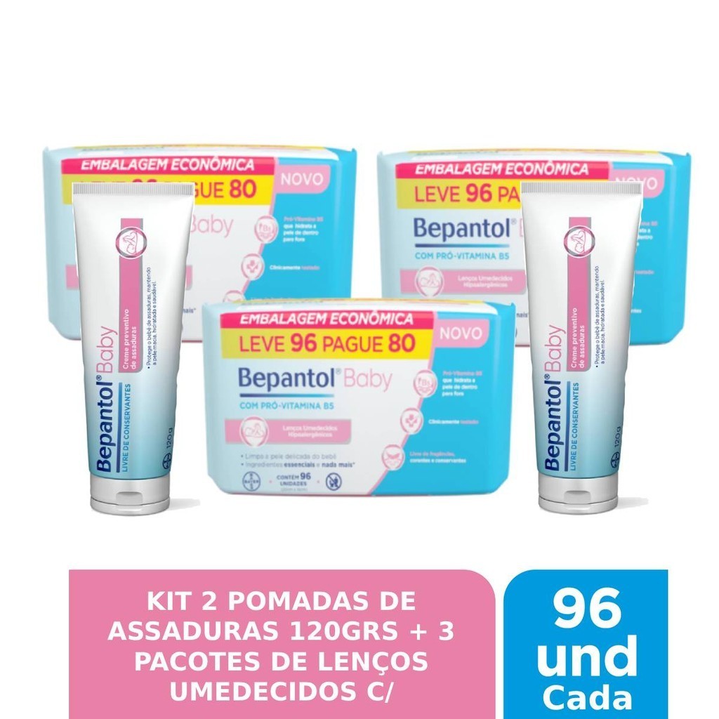 Kit 2 Pomadas Assadura 120g + 3 Lenços Umedecidos - Bepantol - Mom & Baby