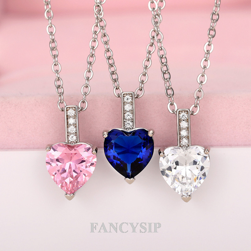 Pink Blue White Heart Cubic Zirconia Pendant Necklace Para Mulheres Noivado Casamento Jóias Da Moda Colar Do Amor Romântico