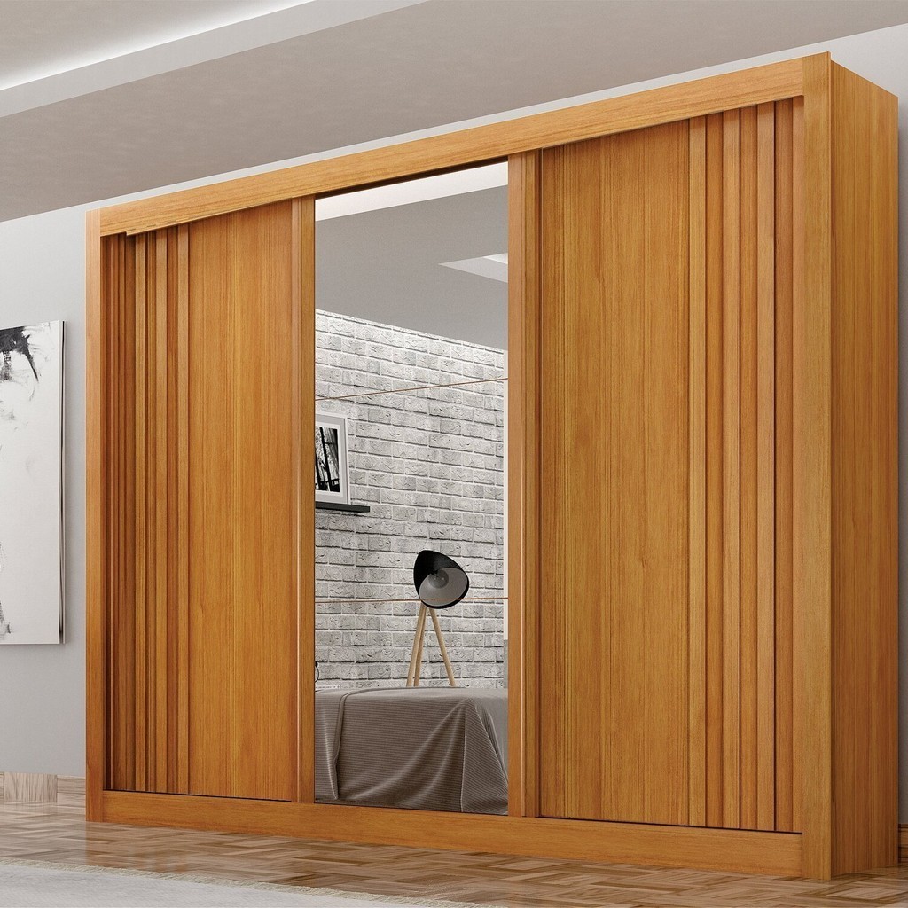 Guarda roupas 03 Portas Milano com Espelho na Porta Central, Portas Ripadas e 4 gavetas internas Cinamomo - Home & Living