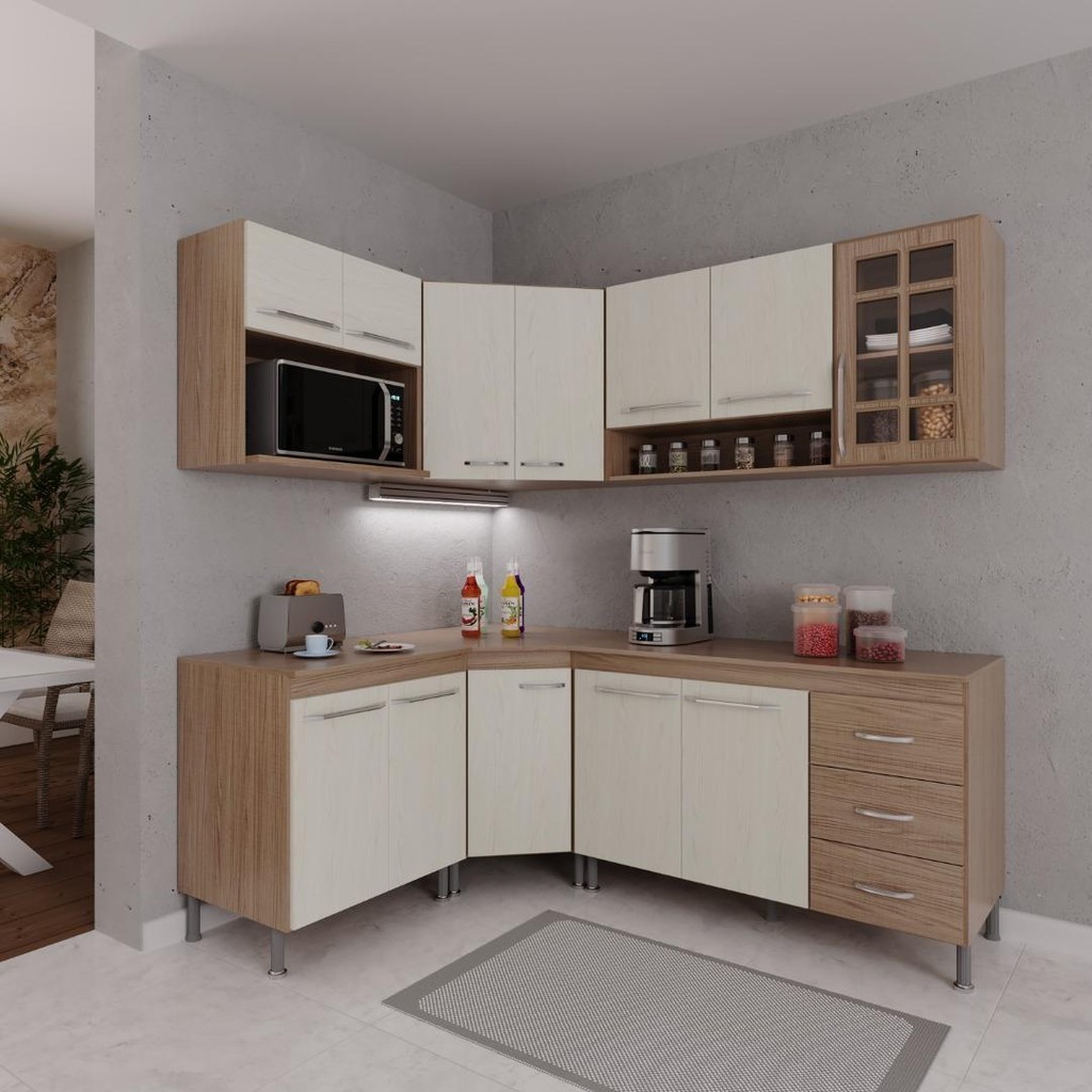 Cozinha Modulada Completa Fidelitá Paris 6 Peças 340cm 12 Portas 3 Gavetas Com Tampo Nogal/Salinas - Home & Living