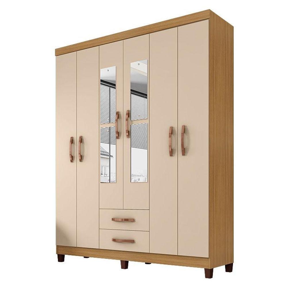 Guarda Roupa Casal Modena Com Espelho 6 Portas Carvalho Americano Off White - Incorplac