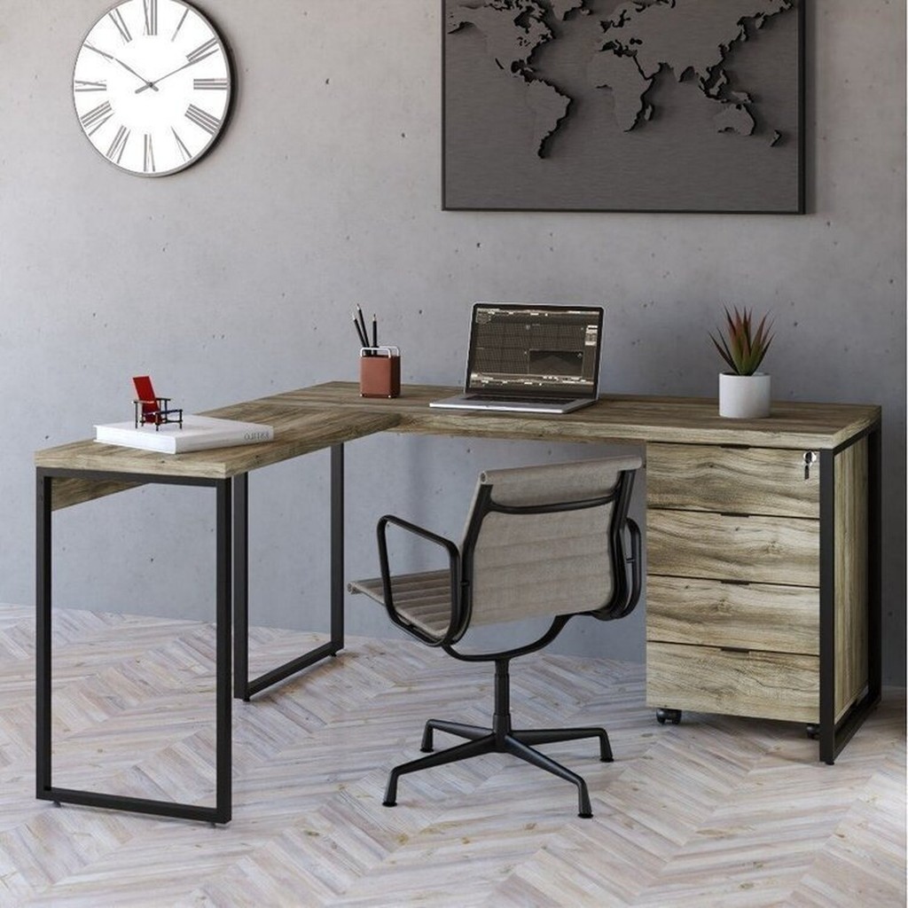 Mesa de Escritório em L Estilo Industrial 150x150cm com Gaveteiro Volante 4 Gavetas Carvalho - Home & Living
