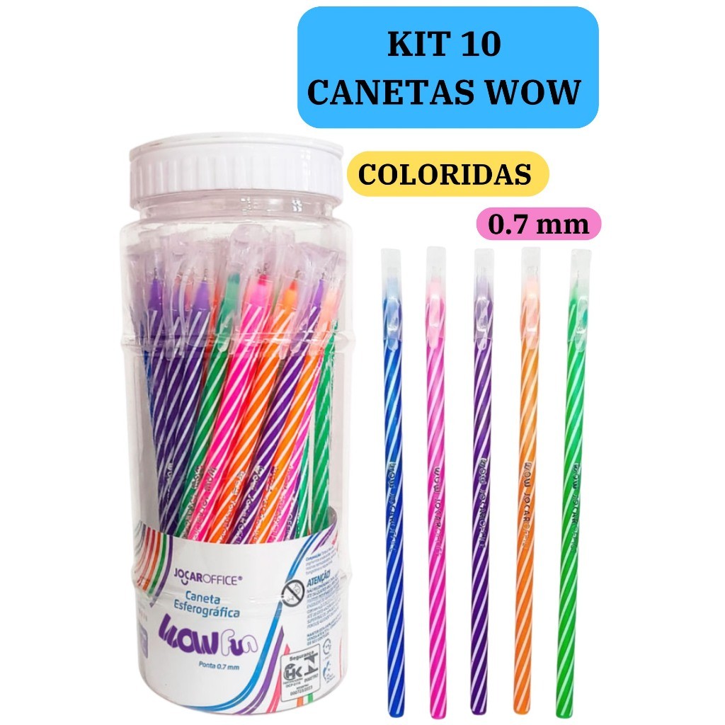 Kit 10 Canetas Esferográficas Wow 0.7mm Coloridas Branco Escolar Escritório Leo&Leo