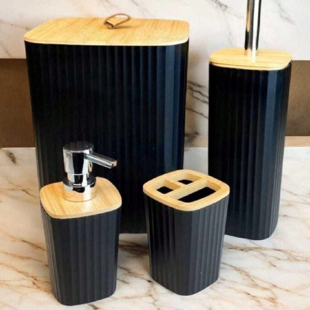 Kit Banheiro 4 Peças Luxo Conjunto Lixeira Porta Escova Sanitária 4 Peças Tampa Bambu em Oferta na Shopee