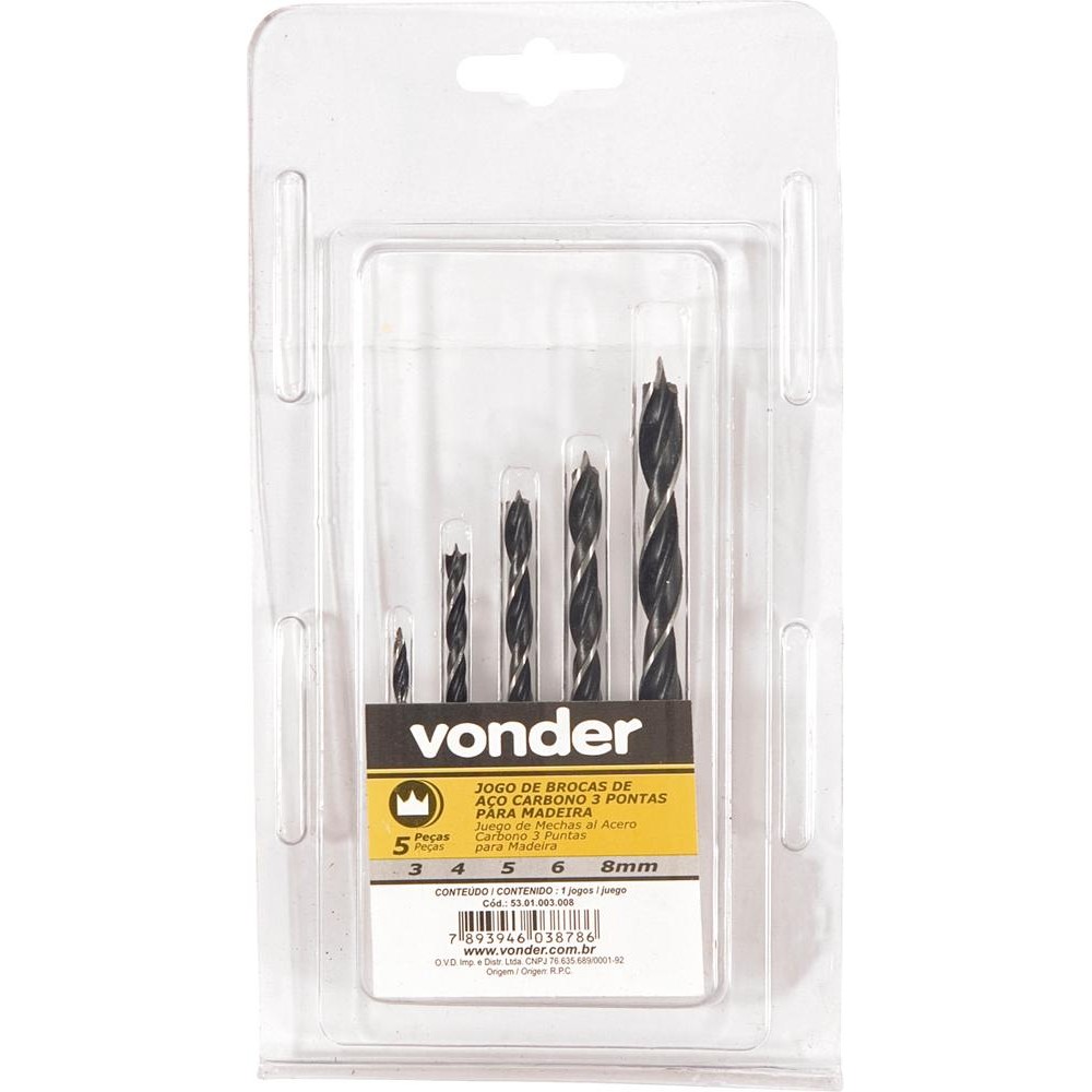 Jogo Broca 3 Pontas Aço Carbono 3 À 8mm para Madeira com 5 Peças Vonder - Home & Living