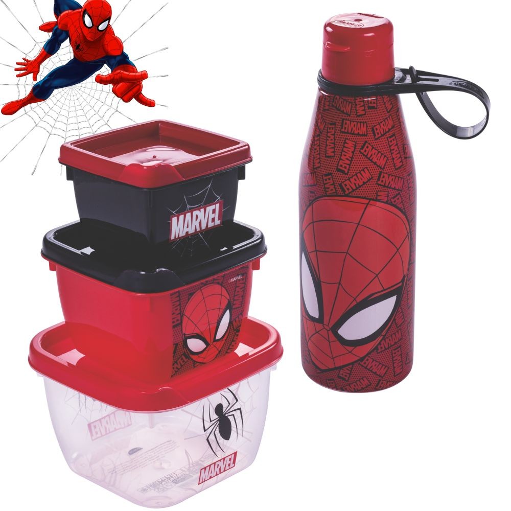 Kit Garrafa 530ml + conjunto 3 potes Conect Marvel Homem Aranha Plasutil