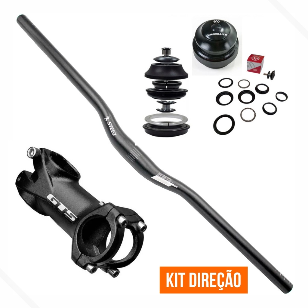 Kit Guidão Bicicleta MTB Alumínio Curvo 31.8x700mm c/Suporte Mesa e Caixa de Direção