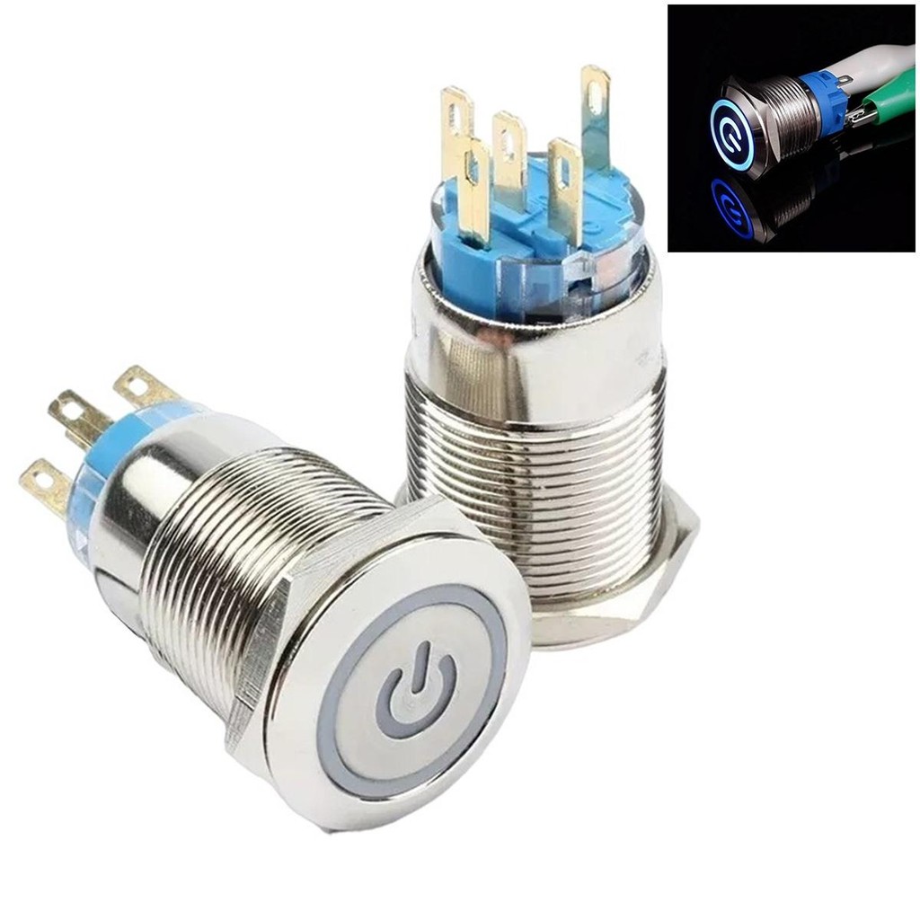 Botão Inox Liga Desliga Start Led 12v 16mm Com Trava Azul