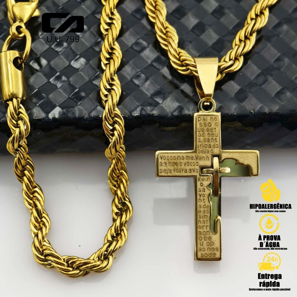 Colar masculino + pulseira masculina pingente cruz orando ao nosso pai corda de aço inoxidável em Oferta na Shopee