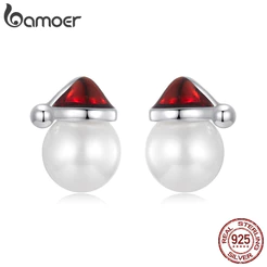 Brincos Bamoer 925 Sterling Sliver Chapéu De Natal Joias De Pérolas Presentes Para Mulheres
