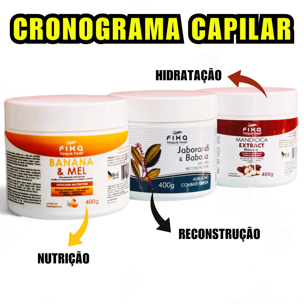 Kit Cronograma Capilar Completo 3 Produtos - Mandioca, Banana e Mel e Jaborandi Com Aloe Vera Babosa - Hidratação Nutrição e Reconstrução - Fixa Cosméticos