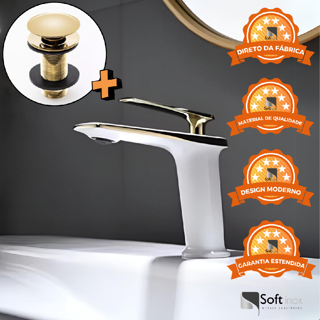 Kit Torneira Monocomando Petra Baixa Branco/Gold + Válvula Click 7/8 Gold